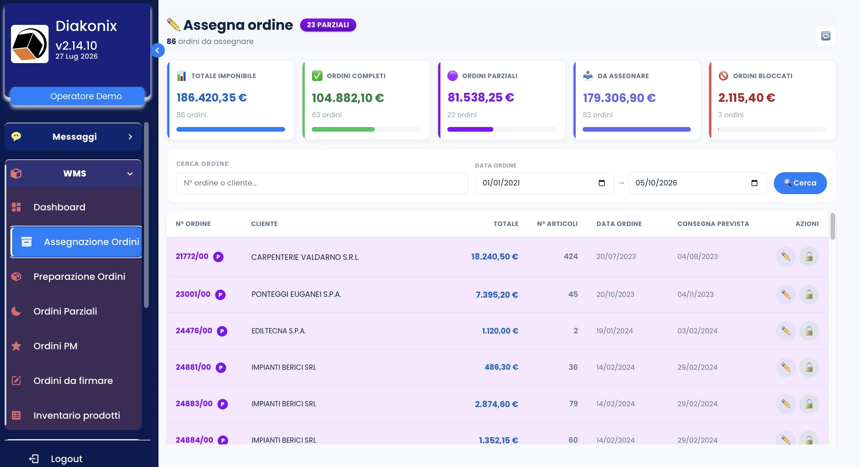 Schermata della web app Diakonix, sezione Assegna ordine: riquadri con importi e numero di ordini completi, parziali, da assegnare e bloccati; sotto, l’elenco degli ordini con cliente, totale, articoli, data e consegna prevista.