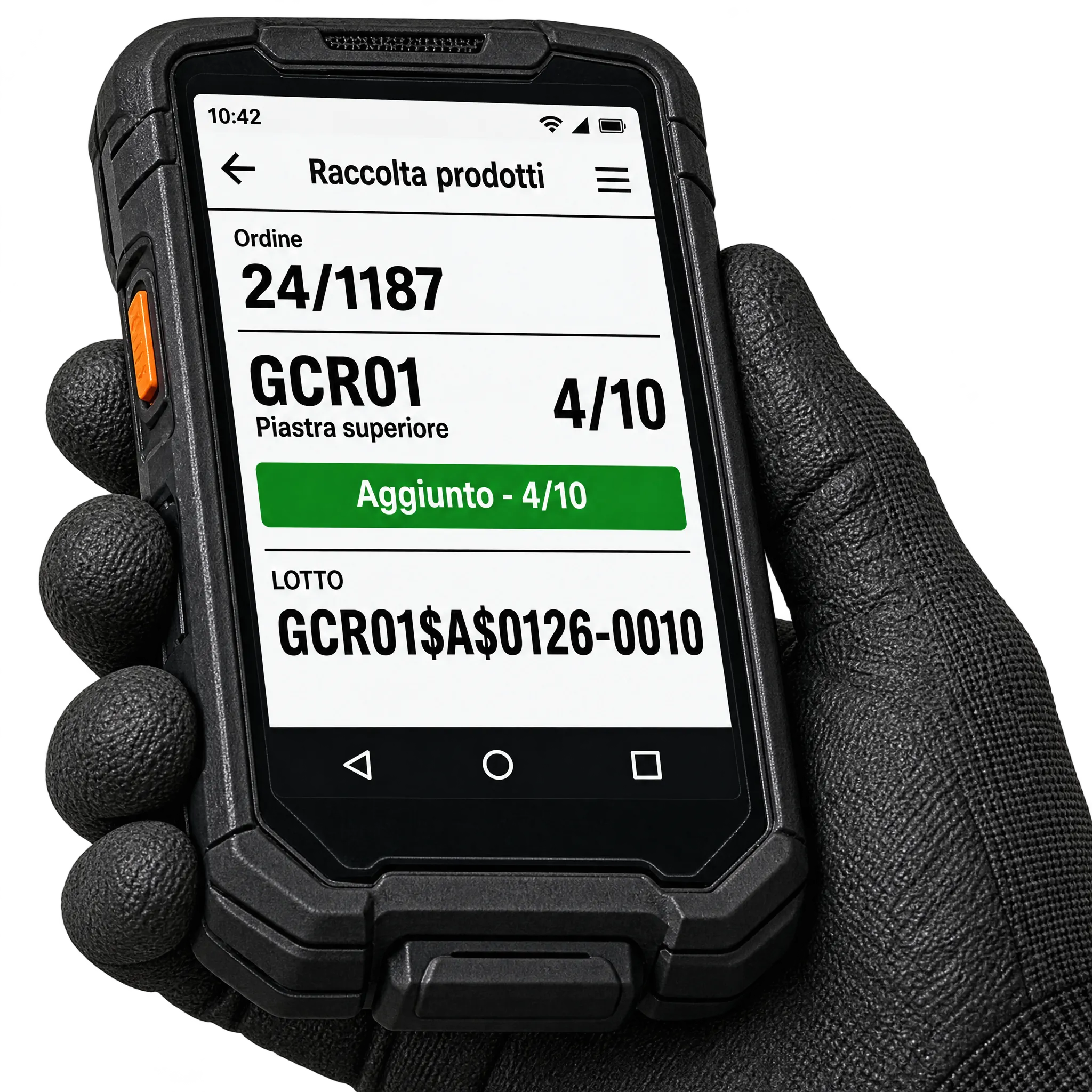 Illustrazione: terminale di magazzino in mano a un operatore con guanto da lavoro. La schermata illustrativa dell'app Diakonix mostra la raccolta dell'ordine 24/1187, articolo GCR01 a 4 pezzi su 10, con conferma verde Aggiunto e lotto GCR01$A$0126-0010